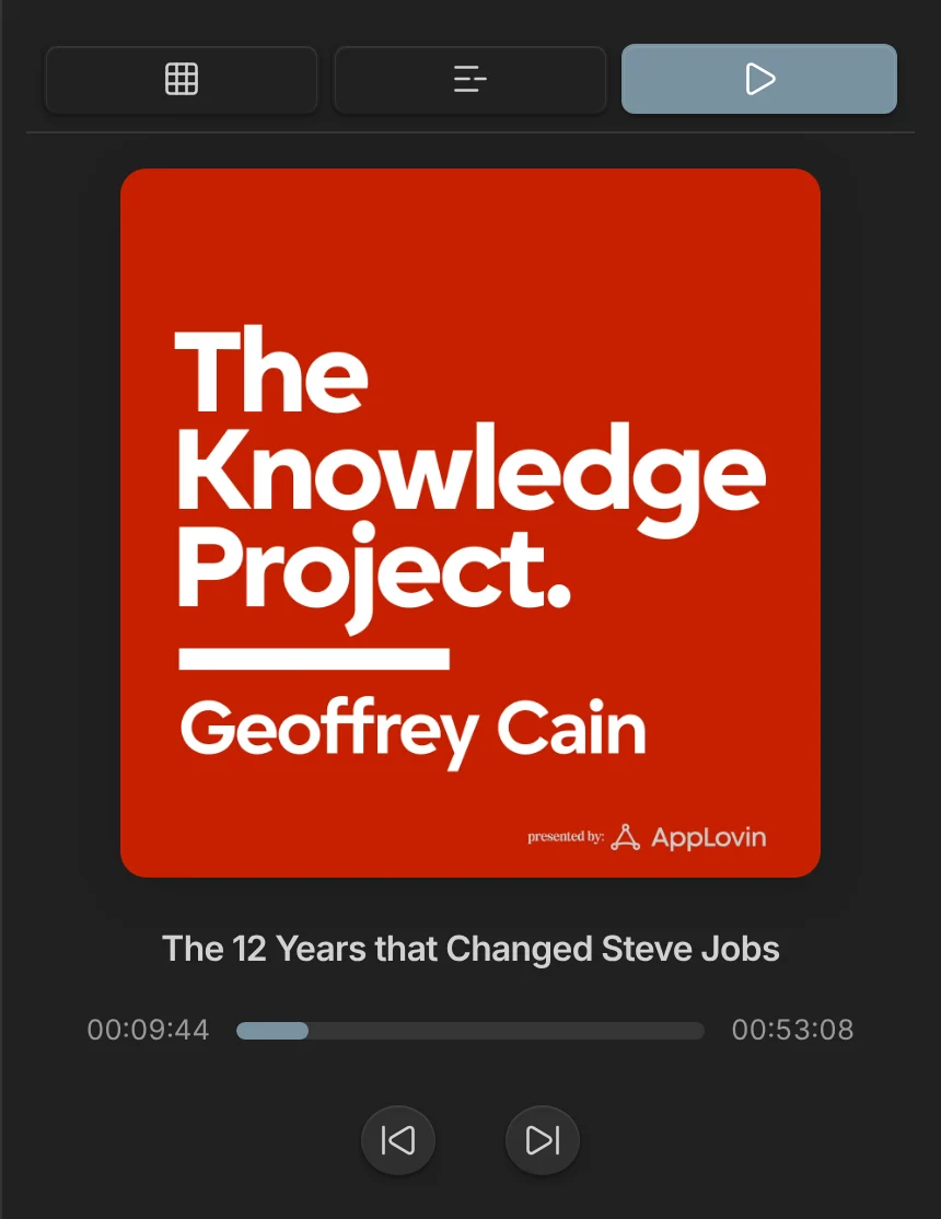 The player with episode artwork, the episode title, the progress bar, and the skip buttons
